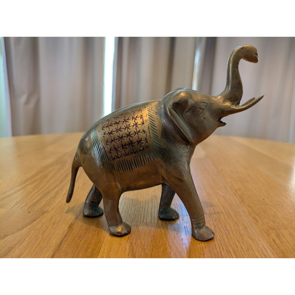 Vintage Brass Etched Painted Elephant Sculpture Trunk Up! Figurine Small 5x5 MCM